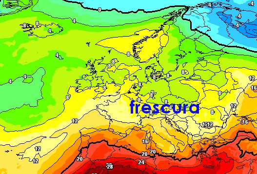 mappa termica a 1500m prevista proprio per l'alba di domenica 30 agosto dal modello GFS su base grafica Meteociel, 