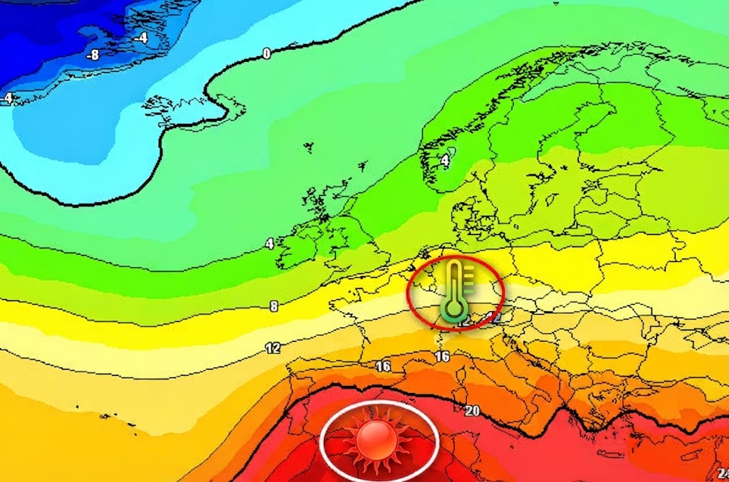 media degli scenari del modello GFS elaborato su base grafica Meteociel, mostra le temperature a 1500 metri attese in Europa nelle ore centrali di giovedi 3 settembre