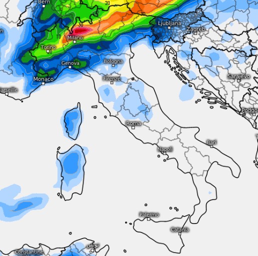 La mappa delle precipitazioni attesa per il 2 settembre secondo il modello GFS su base grafica Meteologix.