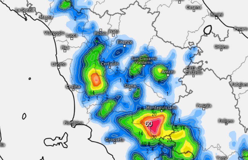 Mappa modello SUISSE sui possibili temporali delle prossime ore in Toscana su base grafica Meteologix.