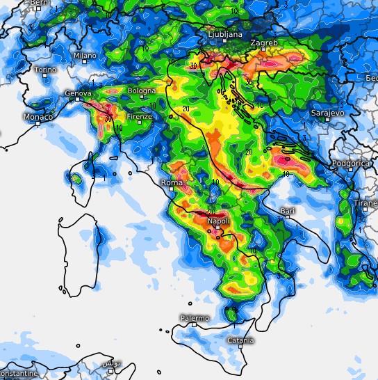 La visione di UKMO su base grafica Meteologix, che riassume le 36-48 ore di instabiità previste lungo la Penisola tra il 17 e il 18: