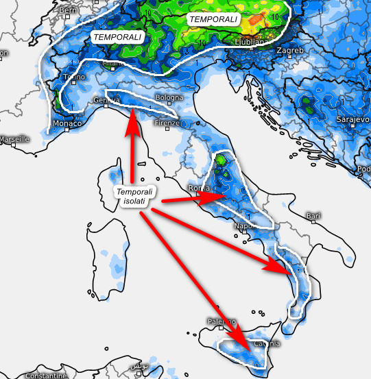sommatoria dei temporali attesi in Italia nell'arco della giornata di venerdi 7 agosto secondo il modello ECMWF elaborato su base grafica Meteologix