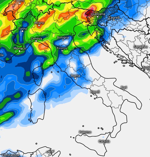 Prima proiezione che raccoglie la sommatoria dei fenomeni attesi tra la mezzanotte e le 20 di venerdì 21 agosto su base grafica Meteologix