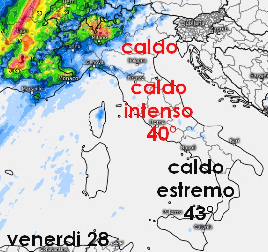 Questa mappa relativa alle precipitazioni previste dal modello SUISSE per venerdì 28 agosto su base grafica Meteologix