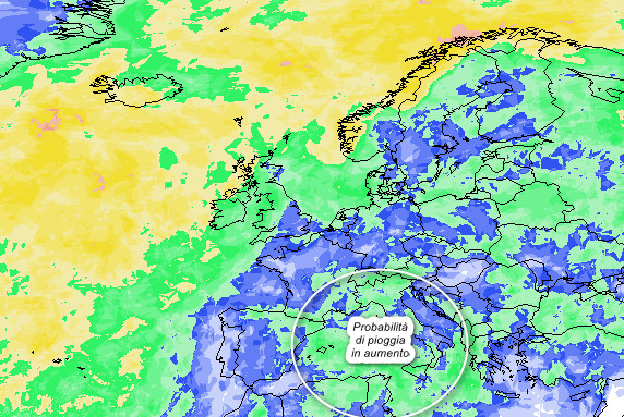 probabilità di pioggia in Europa secondo la media degli scenari del modello GFS elaborata su base grafica Meteociel per giovedi 1 ottobre
