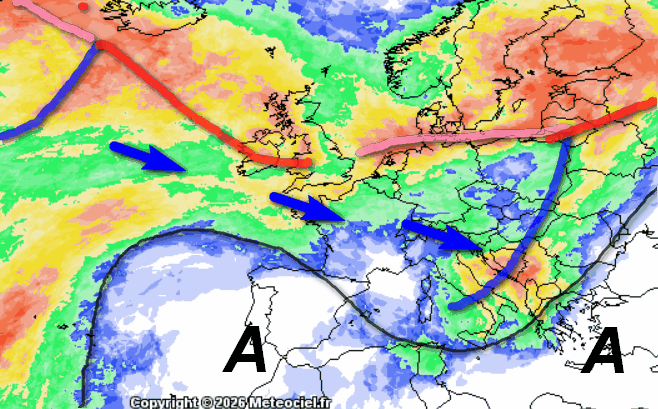 probabilità di pioggia in Europa valida per venerdi 11 settembre, sempre secondo la media degli scenari del modello GFS elaborata su base grafica Meteociel: