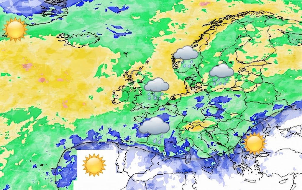 mappa della probabilità di pioggia in Europa valida per domenica 13 settembre sempre secondo il modello GFS elaborato su base grafica Meteociel