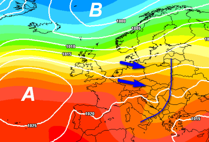 quadro sinottico atteso sul nostro Paese per la giornata di martedi 15 settembre secondo la media degli scenari del modello GFS elaborato su base grafica Meteociel