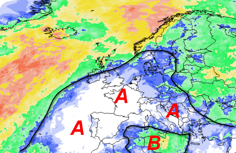 probabilità di pioggia in Europa prevista per la giornata di mercoledi 23 settembre secondo la media degli scenari del modello GFS elaborata su base grafica Meteociel