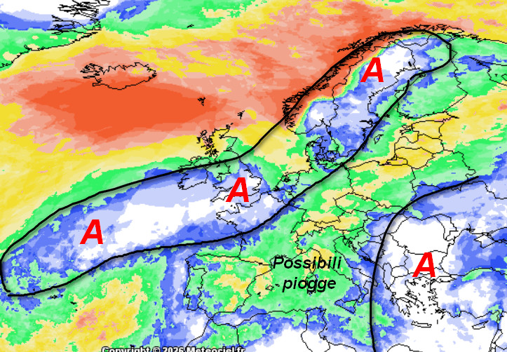 probabilità di pioggia in Europa secondo la media degli scenari del modello GFS elaborato su base grafica Meteociel