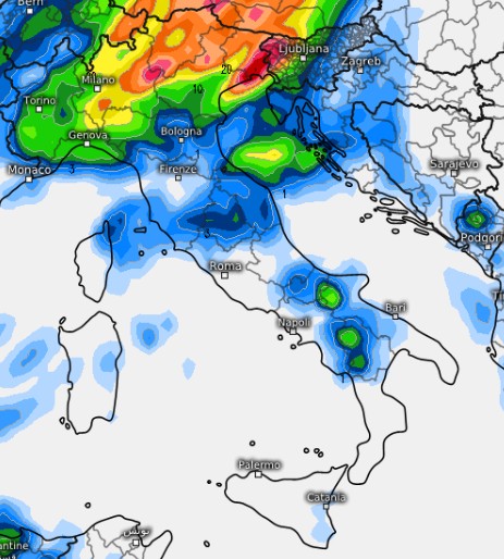 Precipitazioni attese dal modello GFS su base grafica Meteologix. 