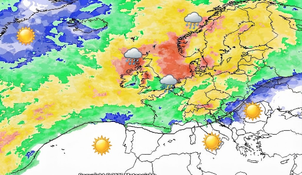 probabilità di pioggia in Europa valida per mercoledi 9 settembre secondo la media degli scenari del modello GFS elaborato su base grafica Meteociel