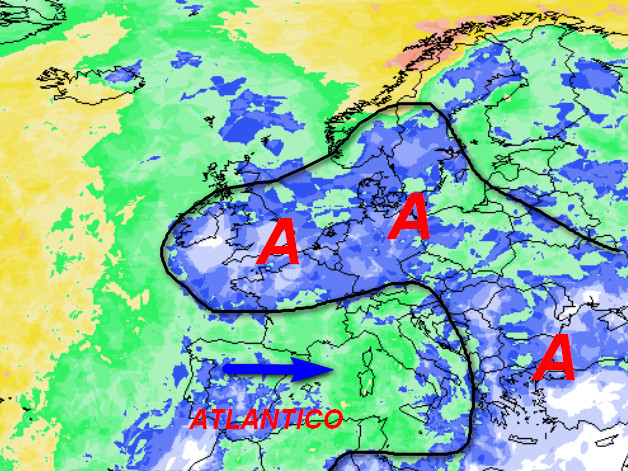 probabilità di pioggia a scala europea valida per lunedi 28 settembre sempre secondo il modello GFS elaborato su base grafica Meteociel: