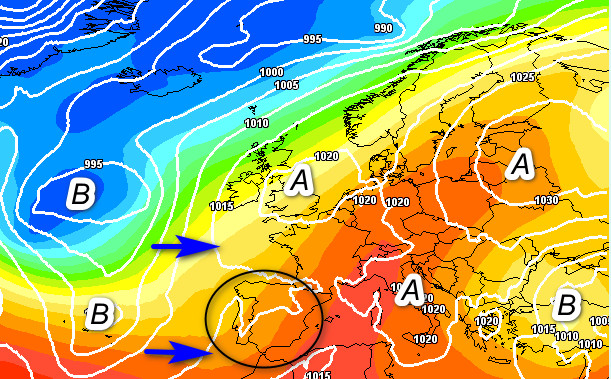 analisi sinottica attesa in Europa alle ore 12 di lunedi 28 settembre secondo il modello GFS elaborato su base grafica Meteociel