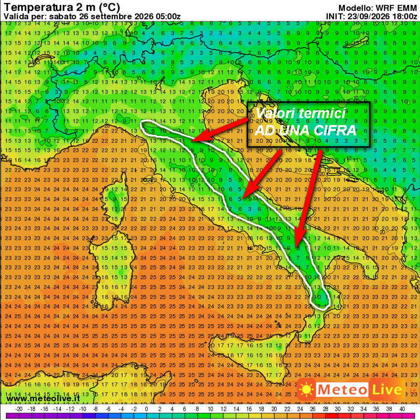 temperature attese in Italia alle ore 7 di sabato 26 settembre