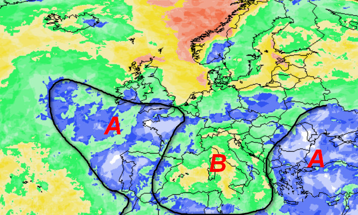 probabilità di pioggia attesa in Europa nella notte tra giovedi 12 e venerdi 13 ottobre sempre secondo la media degli scenari del modello GFS elaborato sui base grafica Meteociel