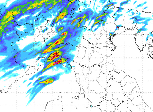 sommatoria delle precipitazioni attese al nord tra le 8 e le 14