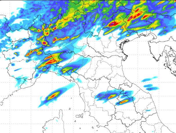 sommatoria delle precipitazioni al nord e su parte del centro tra le 14 e le 20 di mercoledi 9 settembre