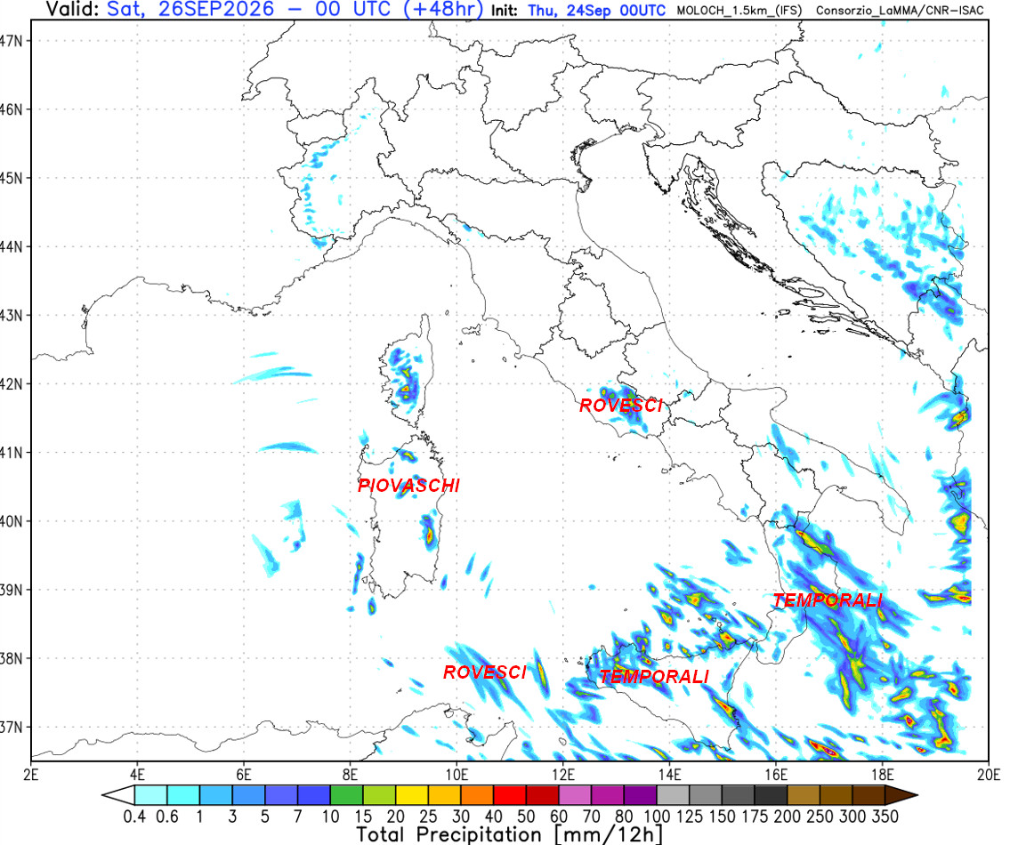sommatoria delle precipitazioni attese in Italia tra il pomeriggio e la serata di venerdi 25 settembre sempre secondo il modello Moloch 1.5km elaborato su base grafica Lamma