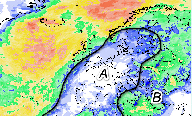 probabilità di pioggia a scala europea valida per sabato 26 settembre secondo la media degli scenari del modello GFS elaborata su base grafica Meteociel