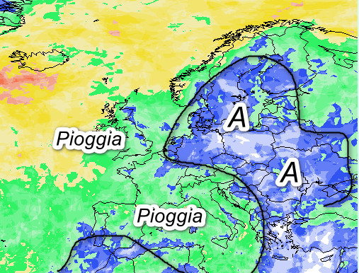 probabilità di pioggia attesa in Europa per la giornata di martedì 6 ottobre secondo la media degli scenari del modello GFS elaborato su base grafica Meteociel
