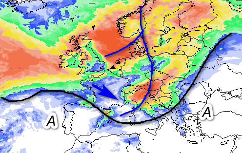 probabilit&agrave; di pioggia attesa in Europa nelle ore centrali di mercoledi 9 settembre secondo la media degli scenari del modello GFS elaborato su base grafica Meteociel