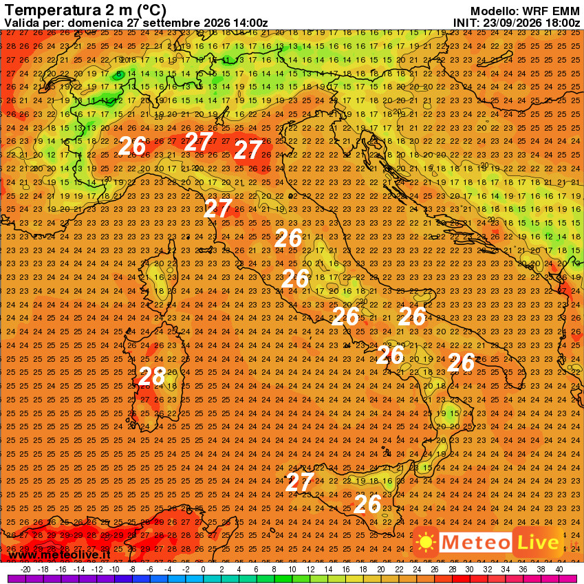 temperature attese in Italia alle ore 15 di domenica 27 settembre