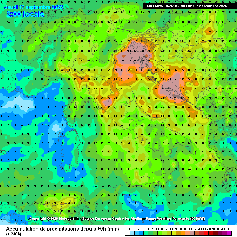 sommatoria delle precipitazioni attese in Italia nel medesimo lasso temporale, ma secondo il modello ECMWF elaborato su base grafica Meteociel