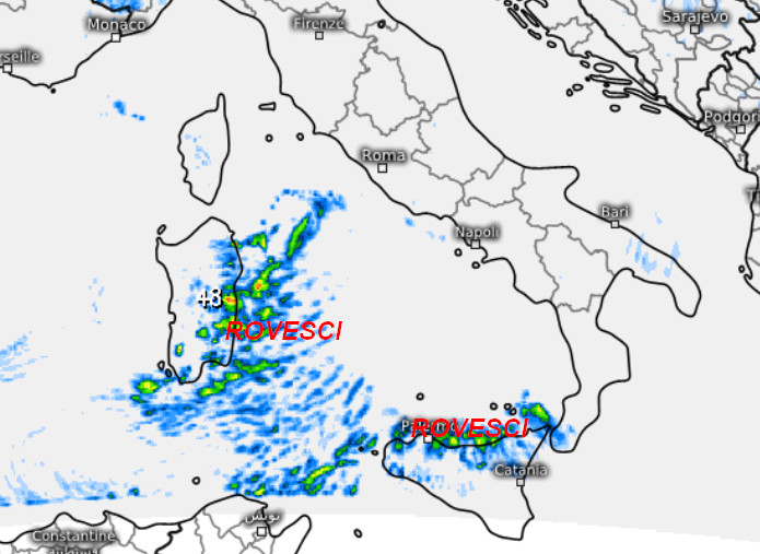 sommatoria delle precipitazioni attese al sud e sulla Sardegna nell'arco della giornata di mercoledi 23 settembre, sempre secondo il modello SWISS 4KM elaborato su base grafica Meteologix