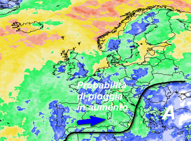 probabilità di pioggia in Europa valida per sabato 10 ottobre sempre secondo la media degli scenari del modello GFS elaborato sui base grafica Meteociel