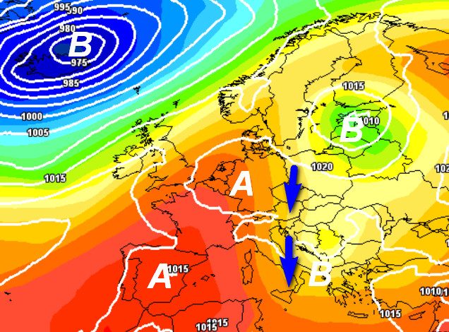 mappa sinottica attesa in Europa nelle ore centrali di venerdi 25 settembre secondo il modello GFS elaborato su base grafica Meteociel