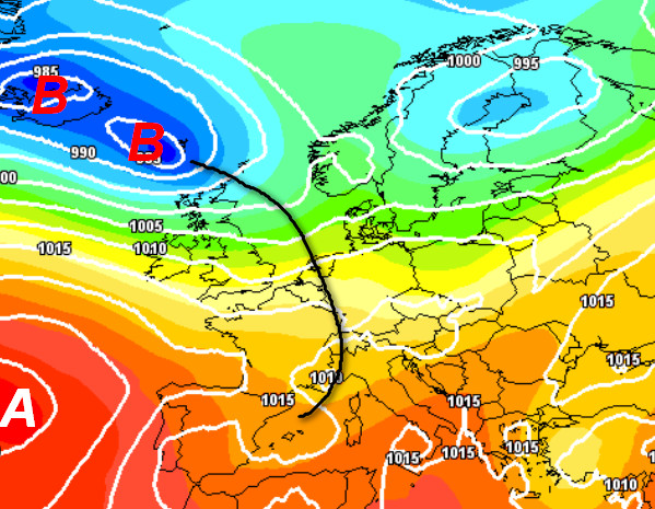 mappa sinottica estrapolata dal modello GFS elaborato su base grafica Meteociel e valida per le ore centrali di giovedi 17 settembre