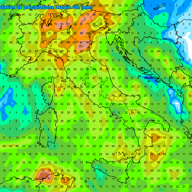 sommatoria delle precipitazioni attese in Italia fino a mercoledi 16 settembre secondo il modello GFS elaborato su base grafica Meteociel