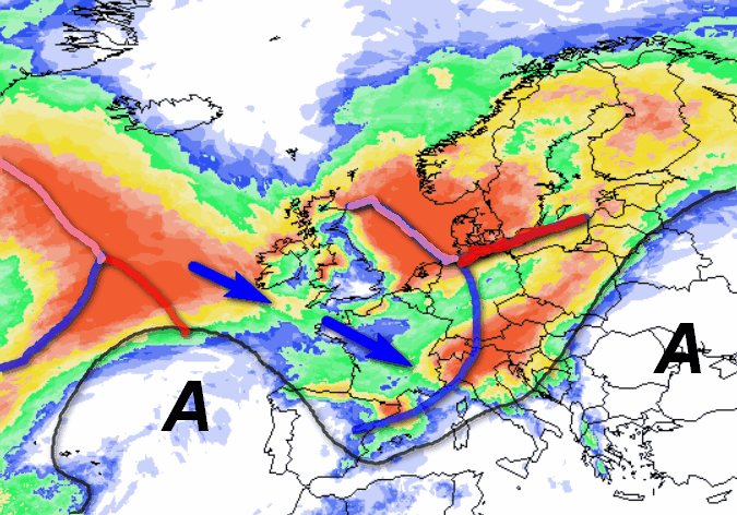 probabilità di pioggia in Europa nelle ore centrali di mercoledi 9 settembre secondo il modello GFS elaborato su base grafica Meteociel