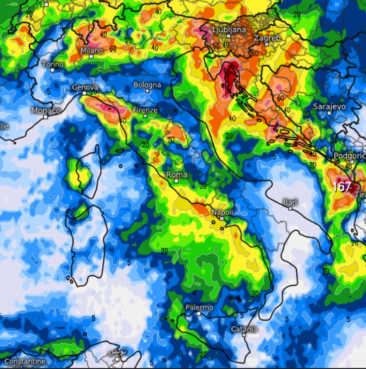Dove più probabilmente si verificheranno le Piogge e i temporali fra il 9 e il 10 settembre, modello ICON su base Meteologix