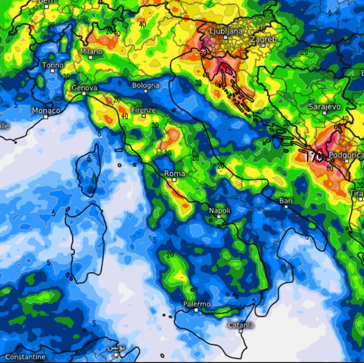 Quanto pioverà in totale fra mercoledì 9 e venerdì 11 settembre secondo il modello ECMWF su base grafica Meteologix