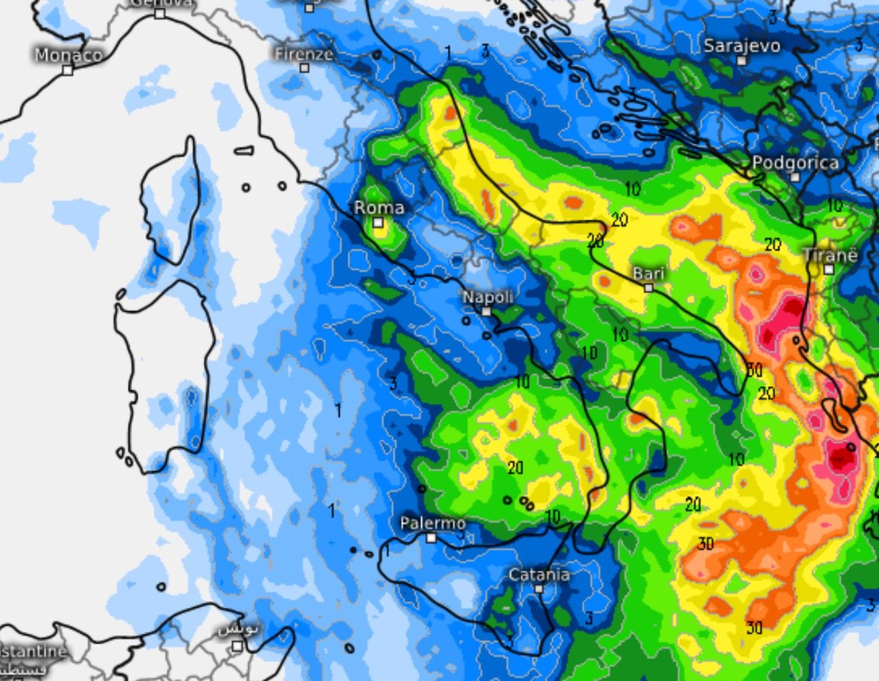 Le piogge e i temporali previsti dal modello ECMWF per venerdì 25