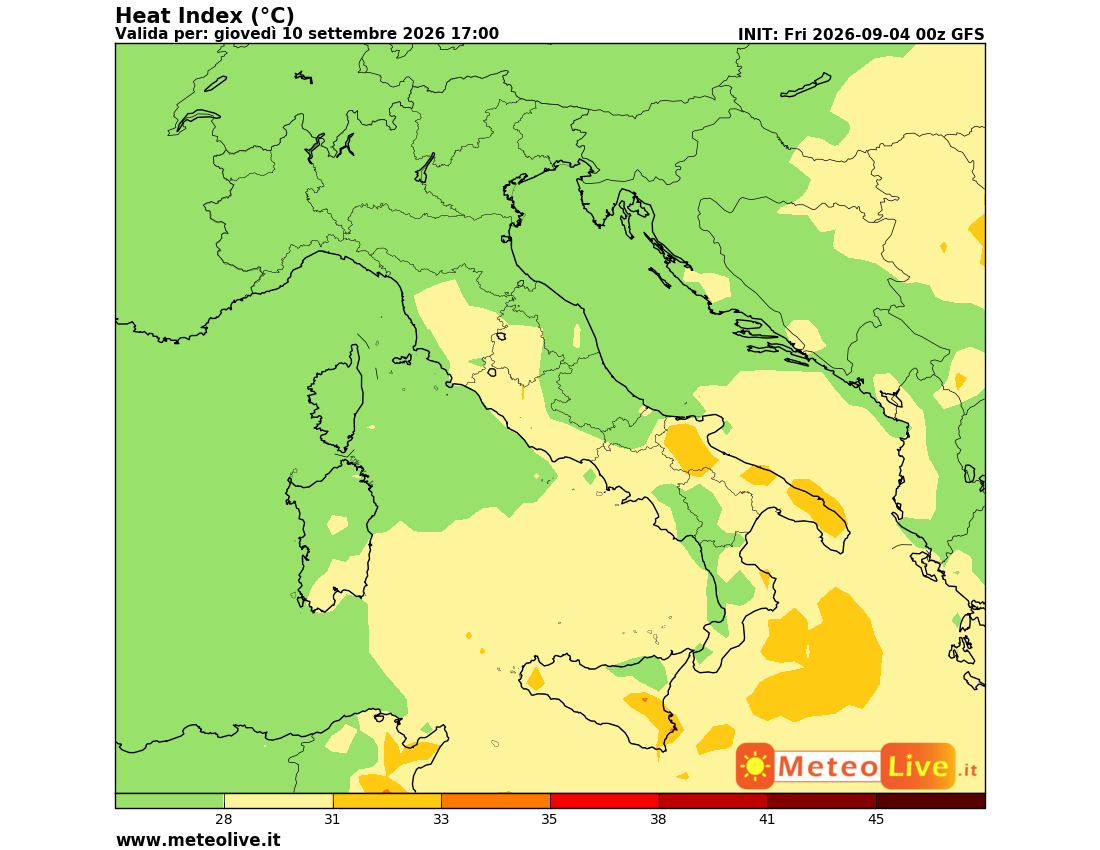 Mappa creata da MeteoLive, mostra il disagio da caldo previsto per giovedì 10 settembre