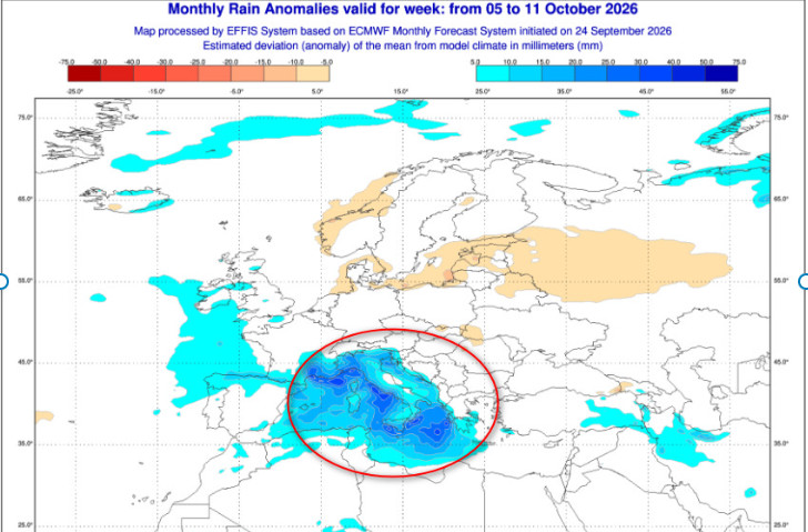 probabilità di pioggia attesa in Europa nel lasso temporale compreso tra il 5 e l'11 ottobre secondo il modello ECMWF su base Copernicus