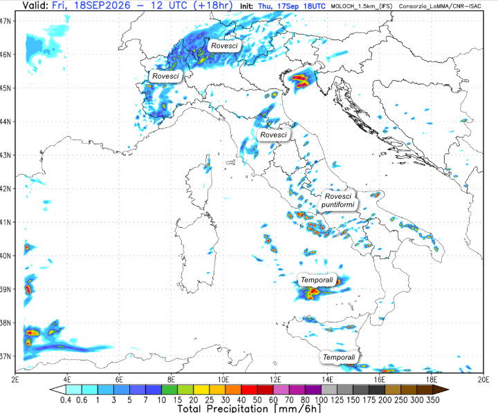 sommatoria delle precipitazioni attese in Italia fino al primo pomeriggio (attorno alle ore 14) di venerdi 18 settembre secondo il modello Moloch 1.5km elaborato su base grafica Lamma