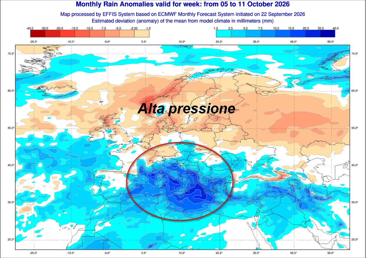 anomalie pluviometriche attese in Europa nel lasso temporale compreso tra il 5 e l'11 ottobre