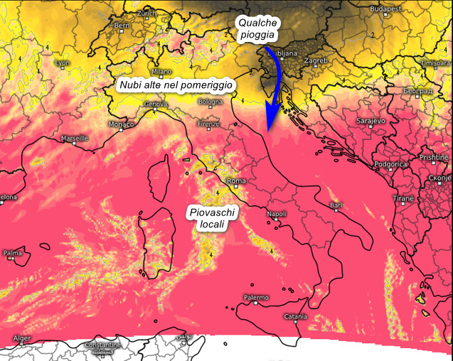 soleggiamento totale cumulato previsto tra le 9 e le 16 di giovedi 24 settembre (rosa molto soleggiato, giallo nubi e schiarite, grigio scuro assenza di sole)