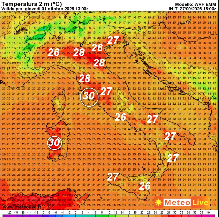 temperature attese in Italia alle ore 15 di giovedi 1 ottobre