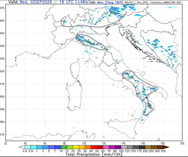 sommatoria dei temporali attesa in Italia tra le 8 e le 20 di mercoledi 2 settembre secondo il modello Moloch 1.5 km elaborato su base grafica Lamma