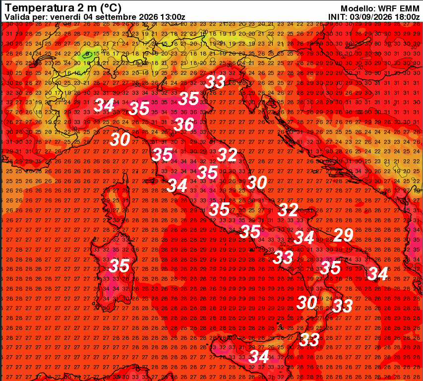 temperature attese in Italia alle ore 15 di venerdi 4 settembre