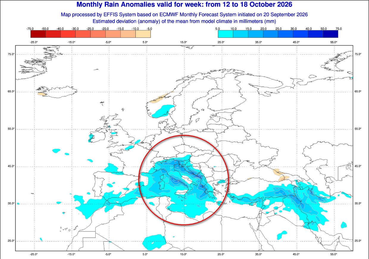 anomalie pluviometriche in Europa riferite al lasso temporale compreso tra il 12 ed il 18 ottobre