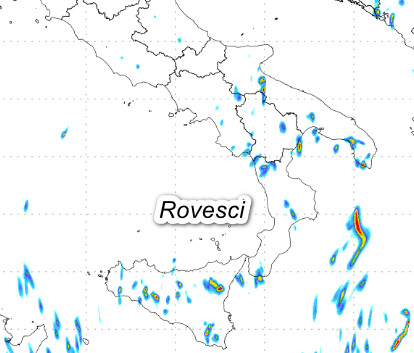 sommatoria delle precipitazioni attese al meridione fino al primo pomeriggio di martedi 15 settembre secondo il modello Moloch 1.5km elaborato su base grafica Lamma