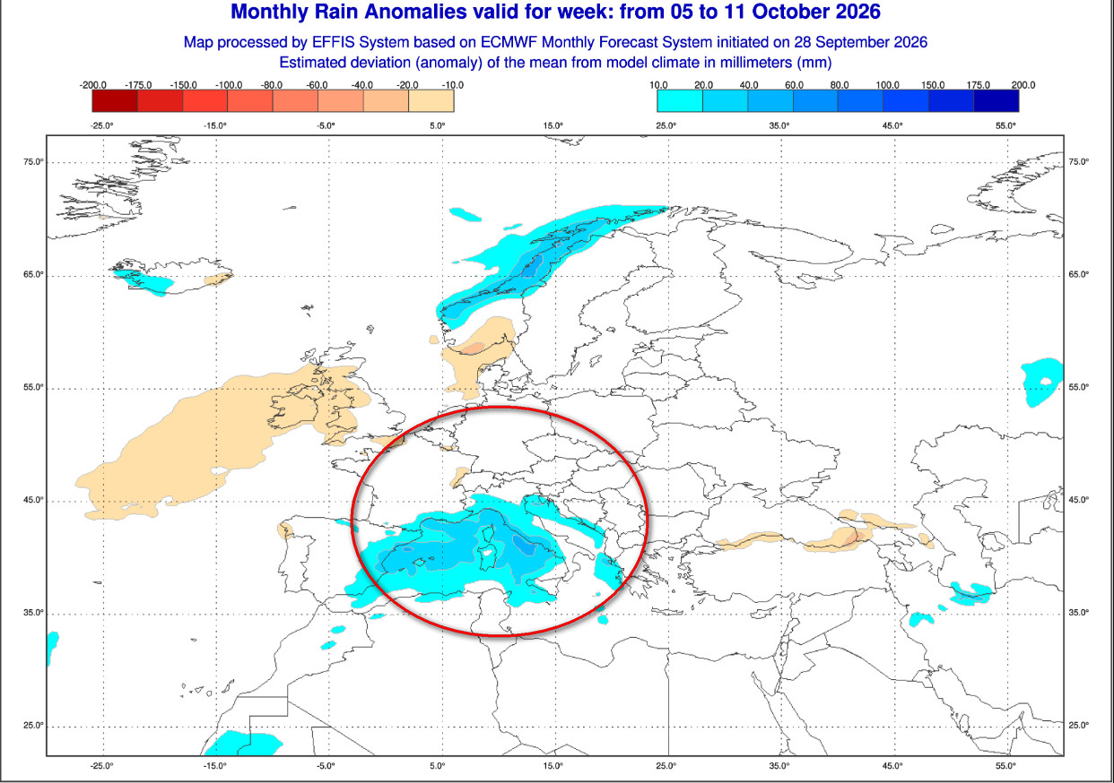 anomalie pluviometriche attese in Europa tra il 5 e l'11 di ottobre - modello ECMWF elaborato su base Copernicus