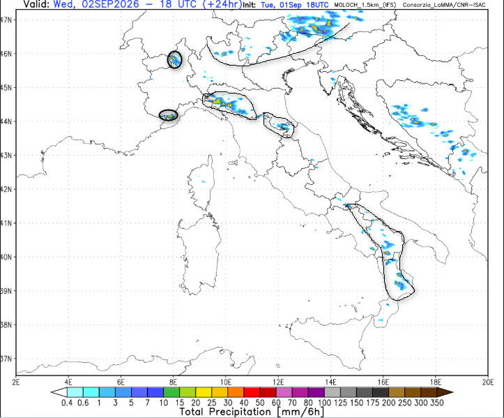 sommatoria delle piogge attese in Italia tra le 14 e le 20 di mercoledi 2 settembre sempre secondo il modello Moloch 1.5km elaborato su base grafica Lamma