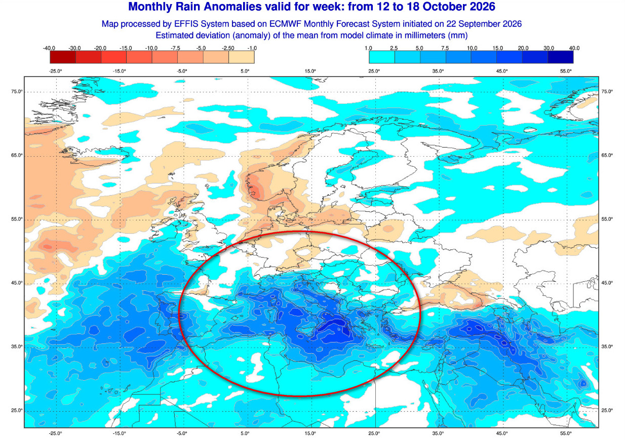 anomalie pluviometriche attese in Europa nel lasso temporale compreso tra il 12 e d il 18 ottobre